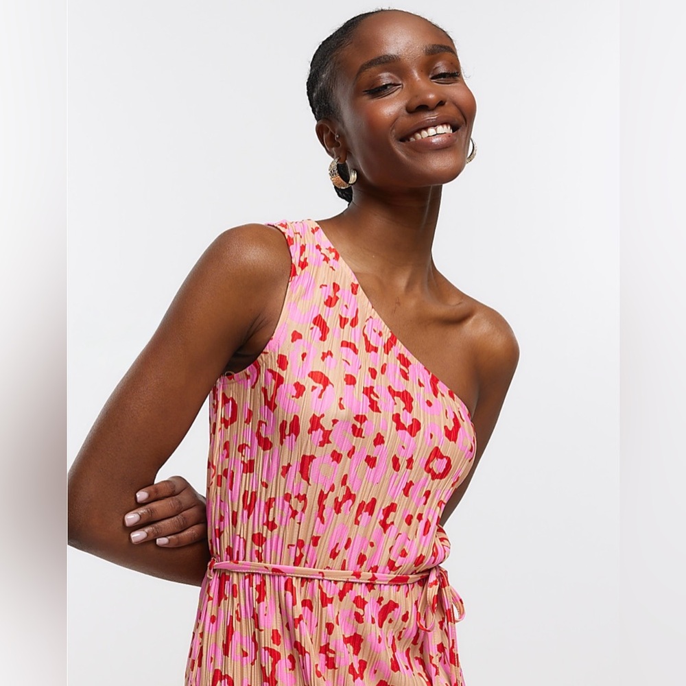 River Island Pink Leopard One Shoulder Plisse Maxi Dress NWT Women’s Size 10 - Picture 3 of 11